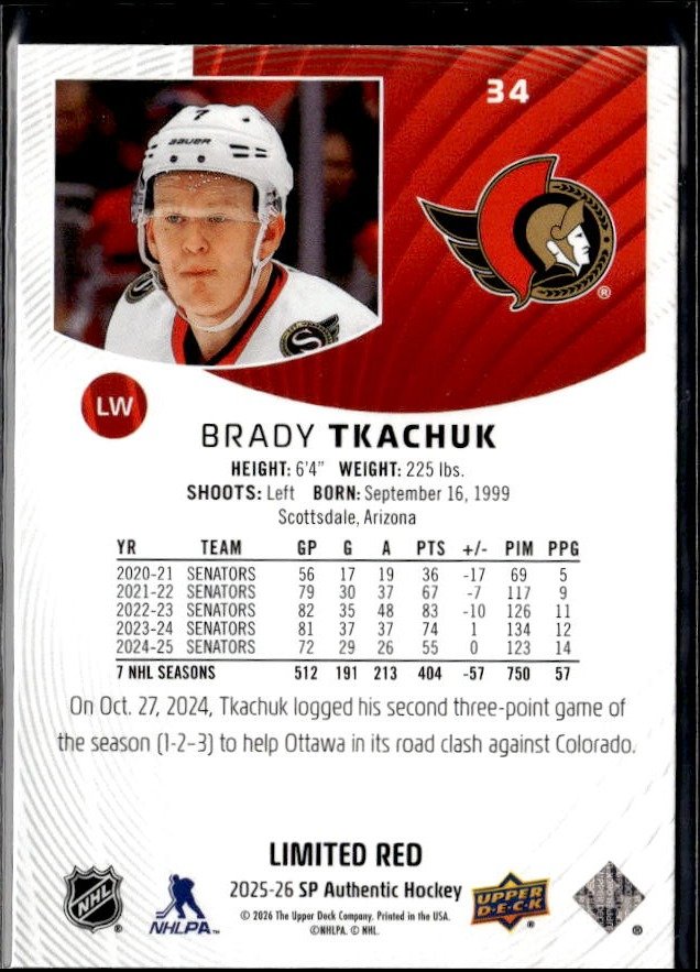 2025-26 Upper Deck SP Authentic Hockey Limited Red #34 Brady Tkachuk (2)