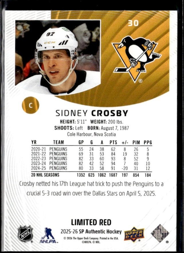 2025-26 Upper Deck SP Authentic Hockey Limited Red #30 Sidney Crosby (2)