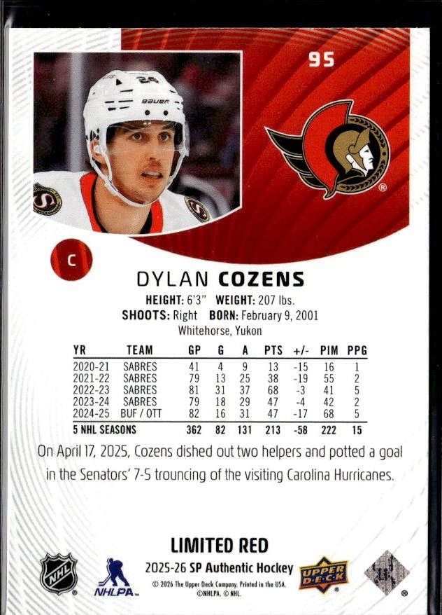 2025-26 Upper Deck SP Authentic Hockey Limited Red #95 Dylan Cozens (2)