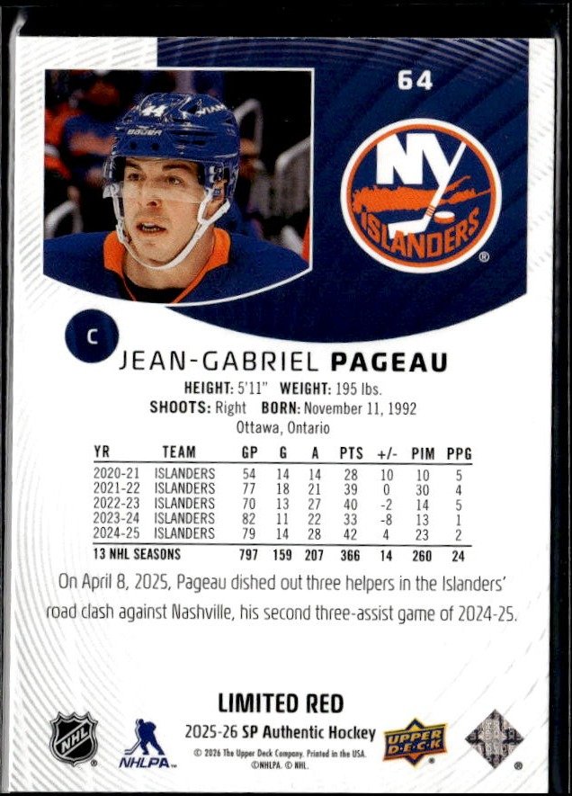 2025-26 UD SP Authentic Hockey Future Watch Limited Red #64 Jean-Gabriel Pageau (2)