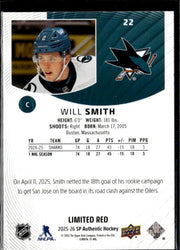 2025-26 UD SP Authentic Hockey Future Watch Limited Red Rookie #22 Will Smith (2)