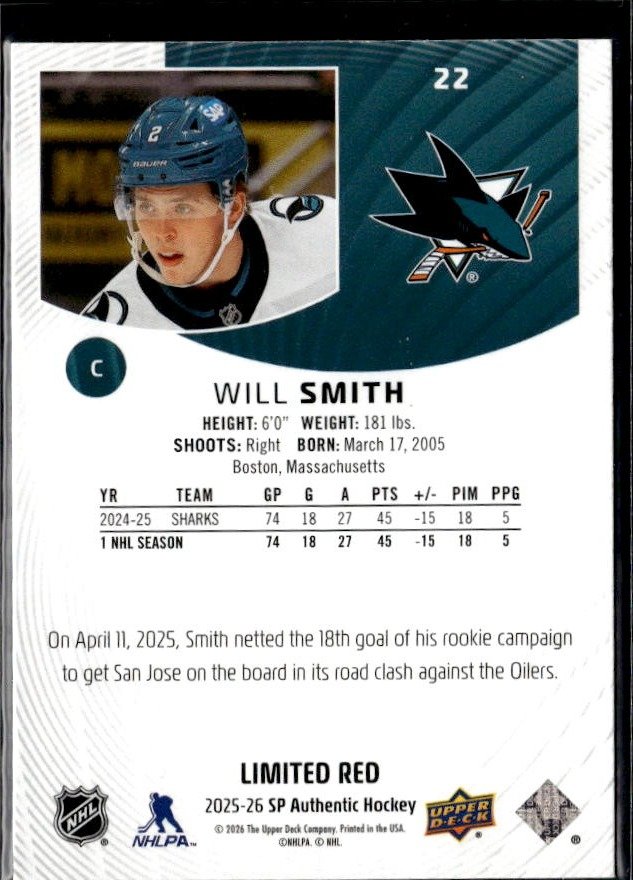 2025-26 UD SP Authentic Hockey Future Watch Limited Red Rookie #22 Will Smith (2)