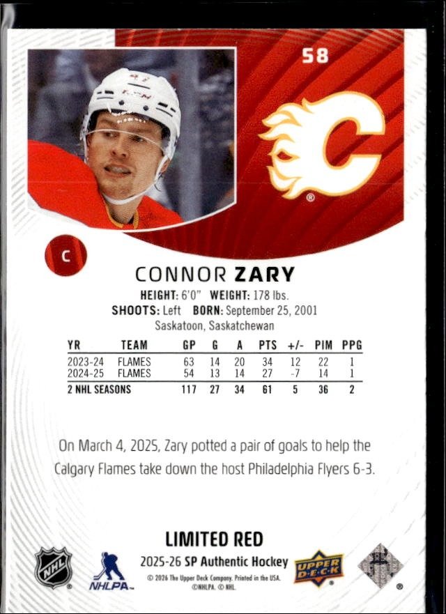 2025-26 Upper Deck SP Authentic Hockey Future Watch Limited Red #58 Connor Zary (2)
