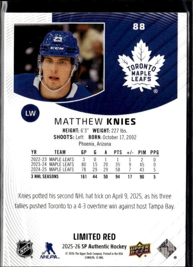 2025-26 SP Authentic SP Authentic Hockey Future Watch Limited Red Matthew Knies (2)