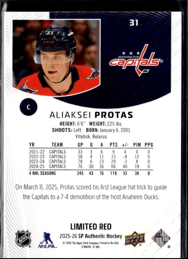 2025-26 Upper Deck SP Authentic Hockey Limited Red #31 Aliaksei Protas (2)