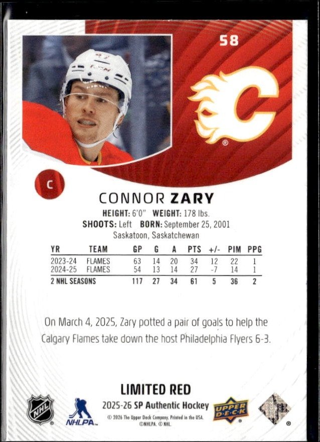2025-26 Upper Deck SP Authentic Hockey Limited Red #58 Connor Zary (2)