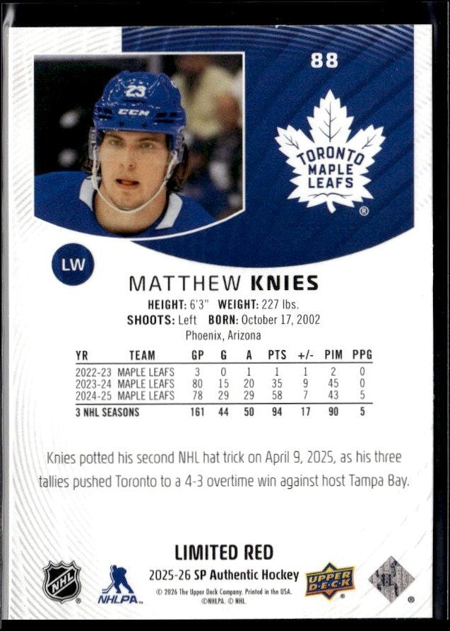 2025-26 Upper Deck SP Authentic Hockey Limited Red #88 Matthew Knies (2)