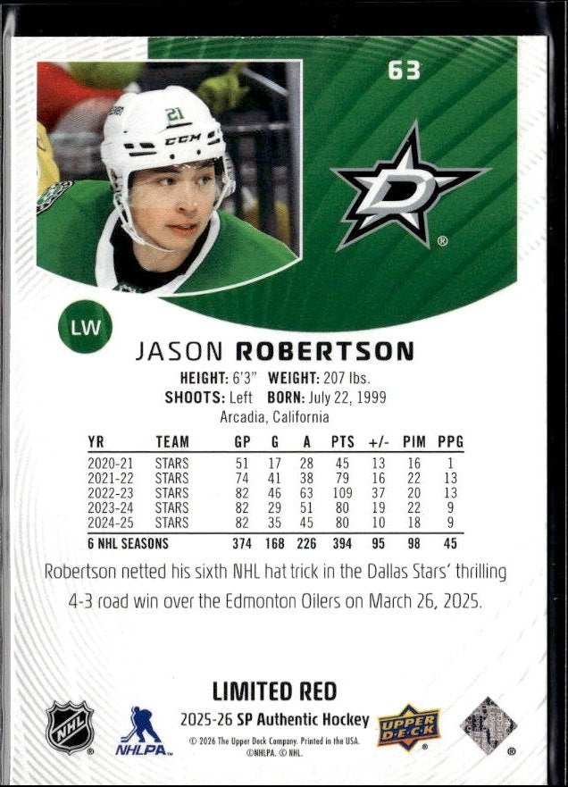 2025-26 Upper Deck SP Authentic Hockey Limited Red #63 Jason Robertson (2)