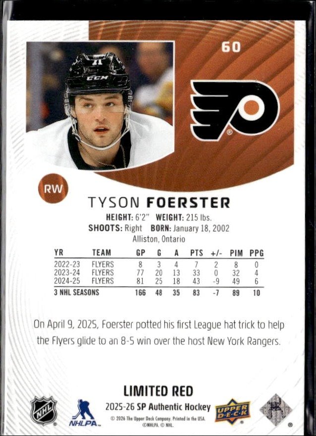 2025-26 Upper Deck SP Authentic Hockey Limited Red #60 Tyson Foerster (2)