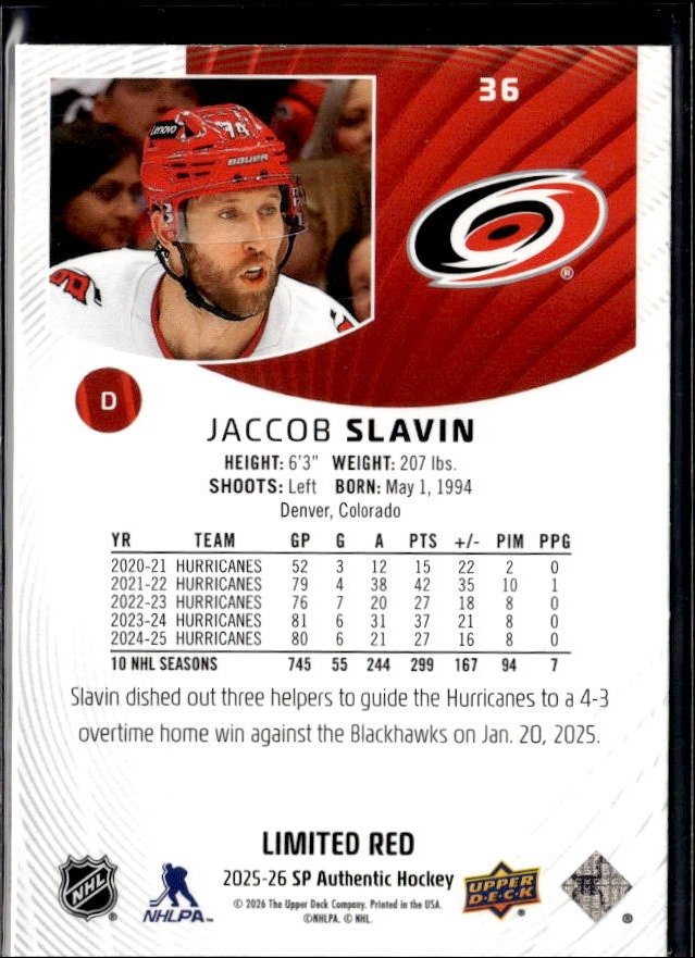2025-26 Upper Deck SP Authentic Hockey Limited Red #36 Jaccob Slavin (2)
