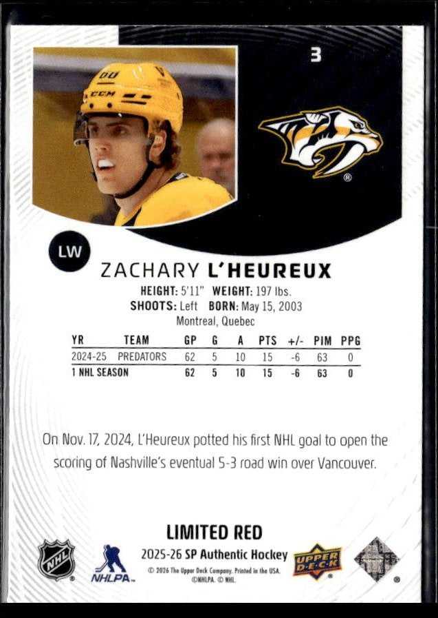 2025-26 Upper Deck SP Authentic Hockey Limited Red Rookie #3 Zachary L'Heureux (2)