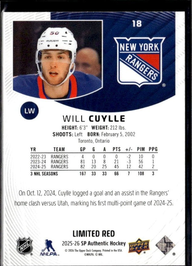 2025-26 Upper Deck SP Authentic Hockey Limited Red #18 Will Cuylle (2)