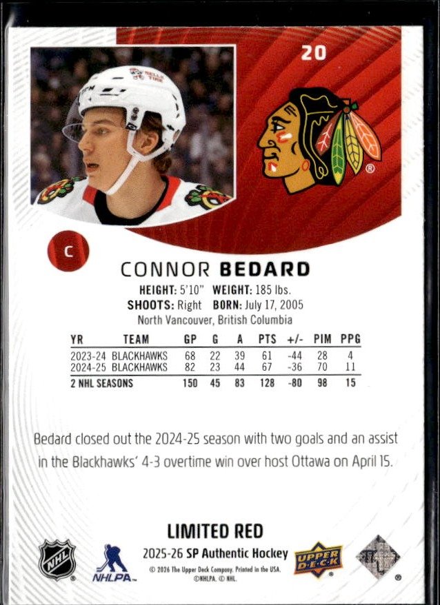 2025-26 Upper Deck SP Authentic Hockey Limited Red #20 Connor Bedard (2)