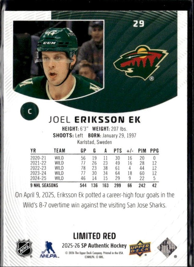 2025-26 Upper Deck SP Authentic Hockey Limited Red #29 Joel Eriksson Ek (2)