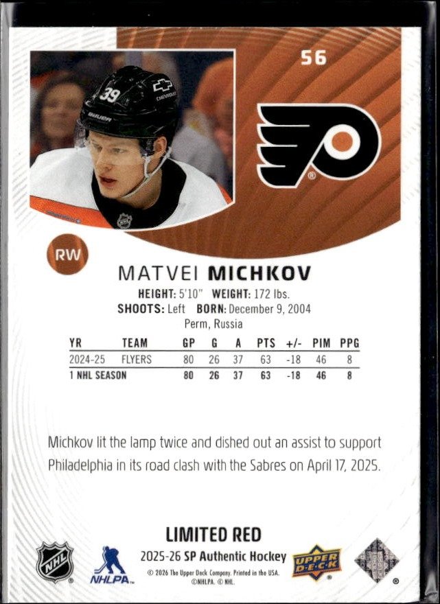 2025-26 Upper Deck SP Authentic Hockey Limited Red #56 Matvei Michkov (2)