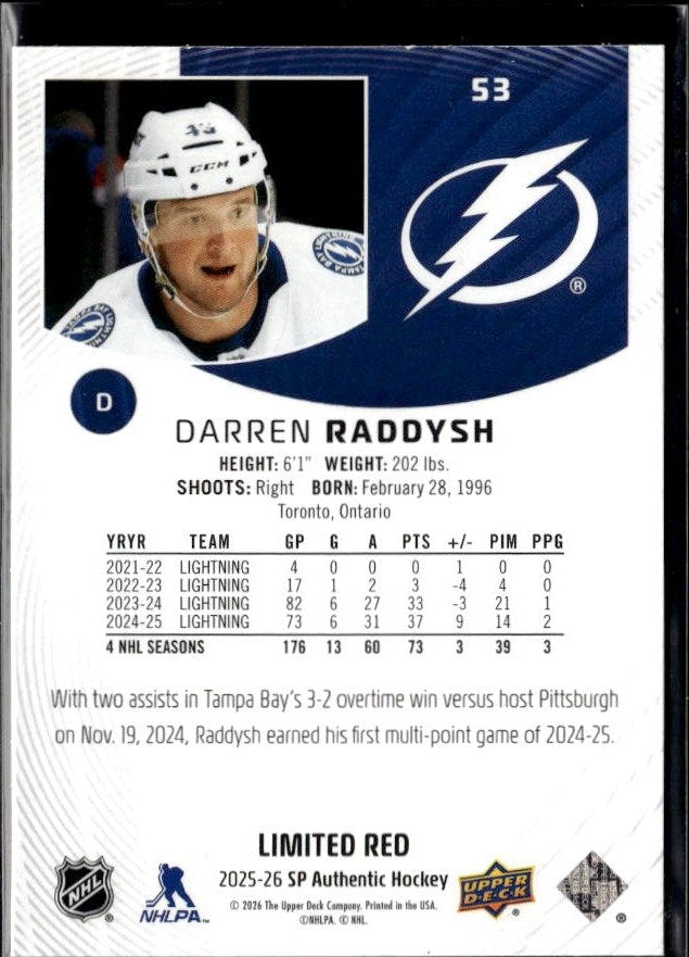 2025-26 Upper Deck SP Authentic Hockey Limited Red #53 Darren Raddysh (2)
