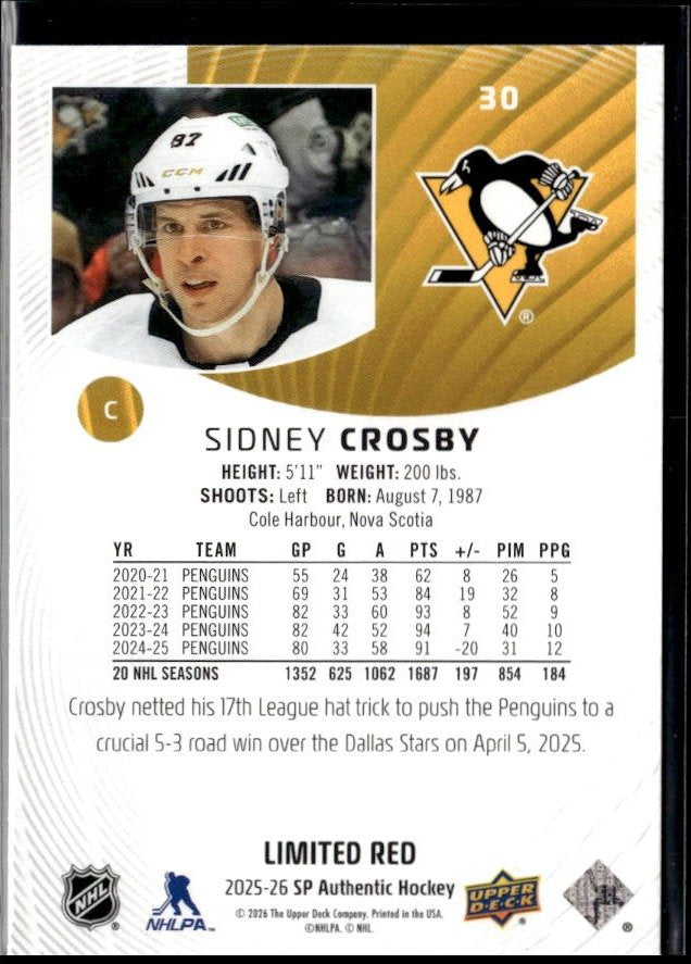 2025-26 SP Authentic Hockey Limited Red #30 Sidney Crosby (2)
