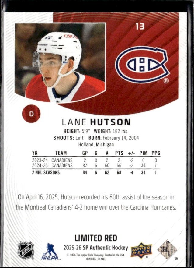 2025-26 Upper Deck SP Authentic Hockey Limited Red #13 Lane Hutson (2)
