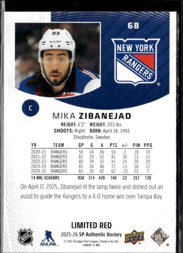 2025-26 Upper Deck SP Authentic Hockey Limited Red #68 Mika Zibanejad (2)