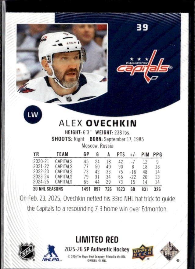 2025-26 Upper Deck SP Authentic Hockey Limited Red #39 Alex Ovechkin (2)
