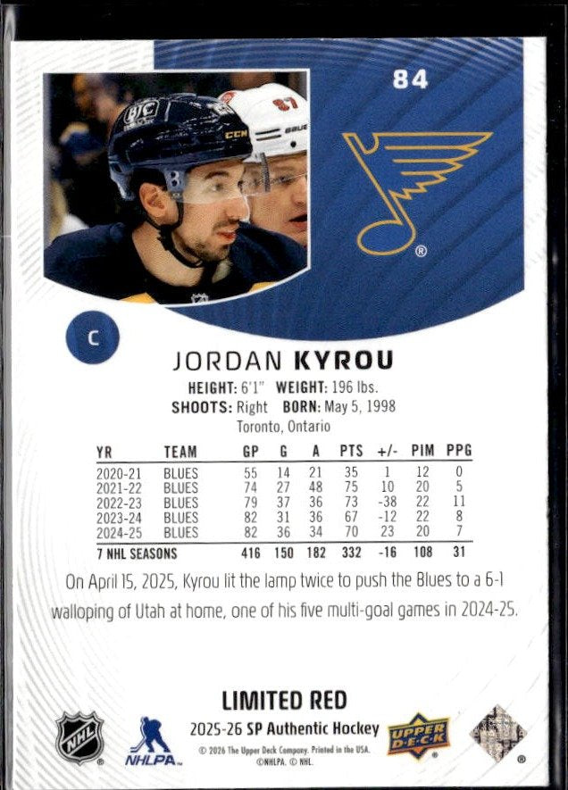 2025-26 Upper Deck SP Authentic Hockey Limited Red #84 Jordan Kyrou (2)