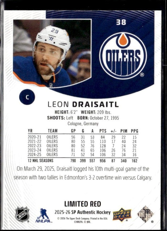 2025-26 Upper Deck SP Authentic Hockey Limited Red #38 Leon Draisaitl (2)