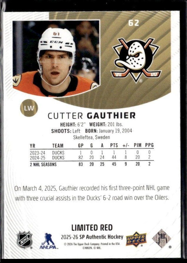 2025-26 Upper Deck SP Authentic Hockey Limited Red #62 Cutter Gauthier (2)
