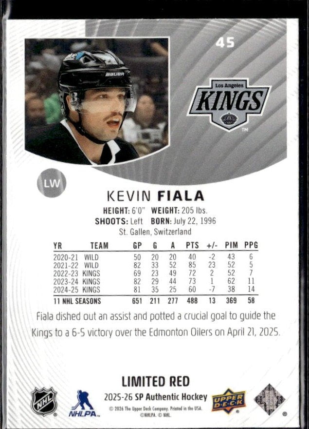 2025-26 Upper Deck SP Authentic Hockey Limited Red #45 Kevin Fiala (2)
