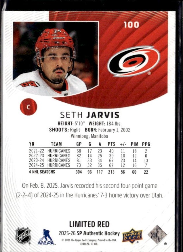 2025-26 Upper Deck SP Authentic Hockey Limited Red #100 Seth Jarvis (2)