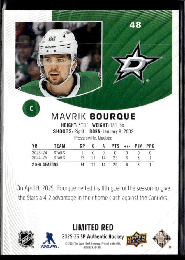 2025-26 Upper Deck SP Authentic Hockey Limited Red #48 Mavrik Bourque (2)