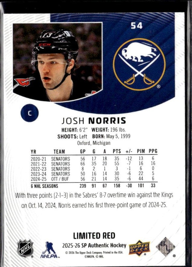 2025-26 Upper Deck SP Authentic Hockey Limited Red #54 Josh Norris (2)