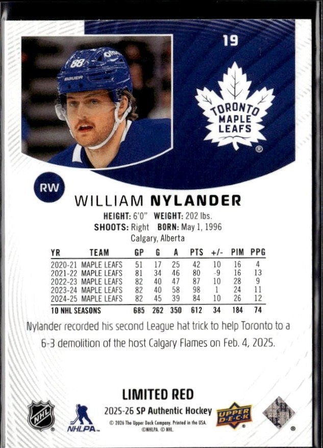 2025-26 Upper Deck SP Authentic Hockey Limited Red #19 William Nylander (2)