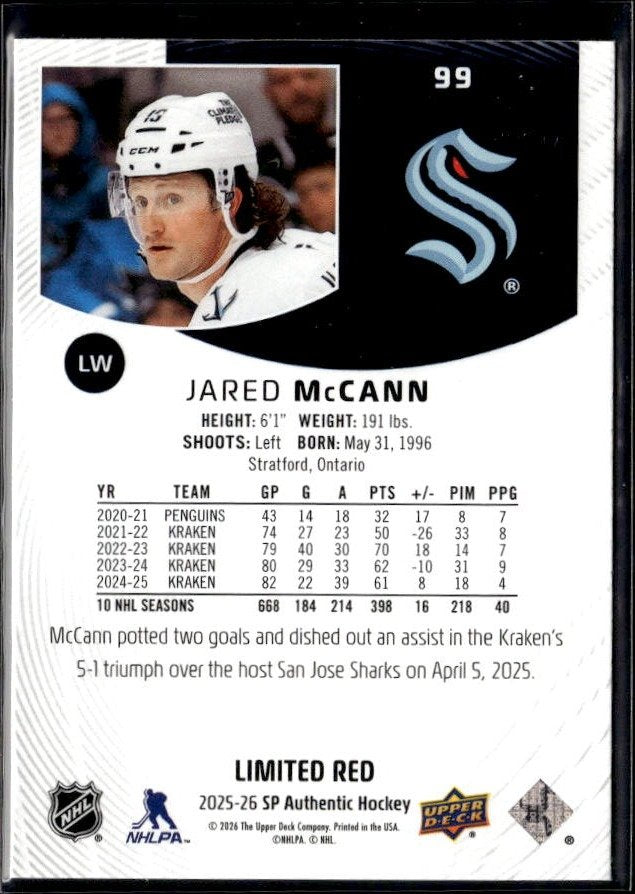 2025-26 Upper Deck SP Authentic Hockey Limited Red #99 Jared McCann (2)