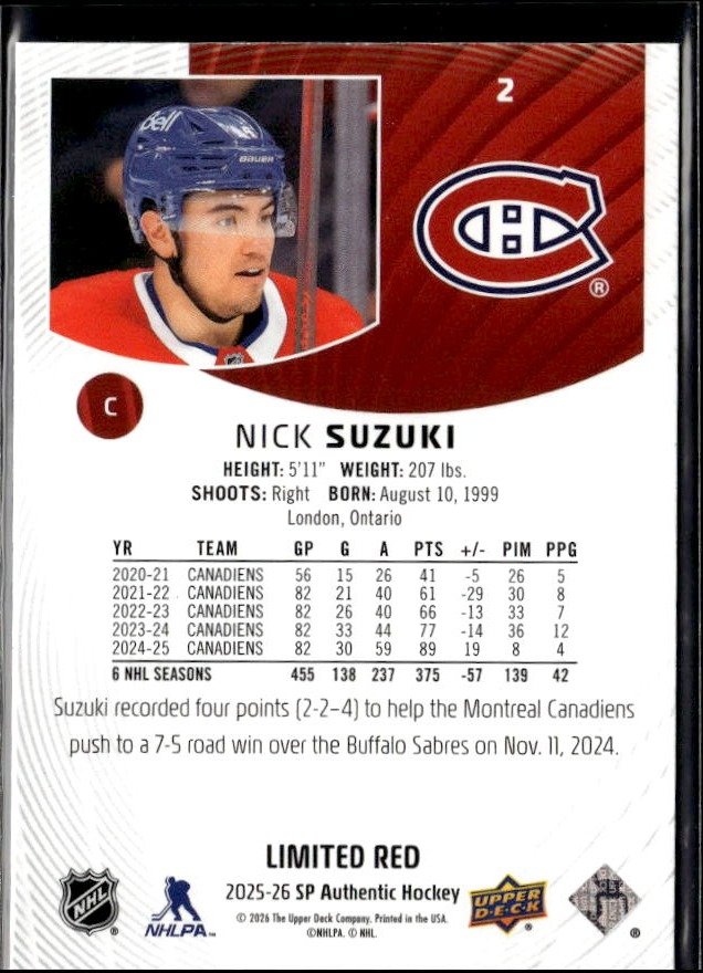 2025-26 Upper Deck SP Authentic Hockey Limited Red #2 Nick Suzuki (2)