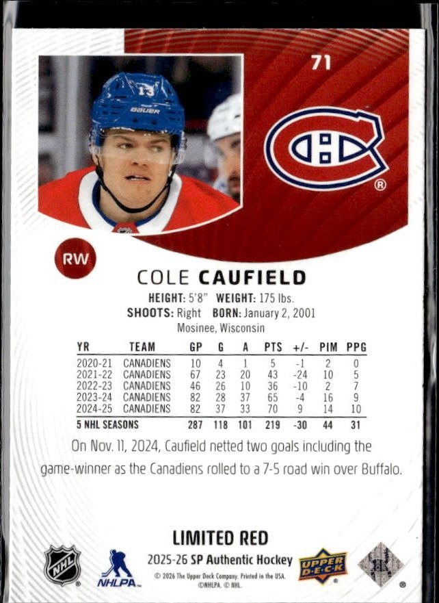 2025-26 Upper Deck SP Authentic Hockey Limited Red #71 Cole Caufield (2)