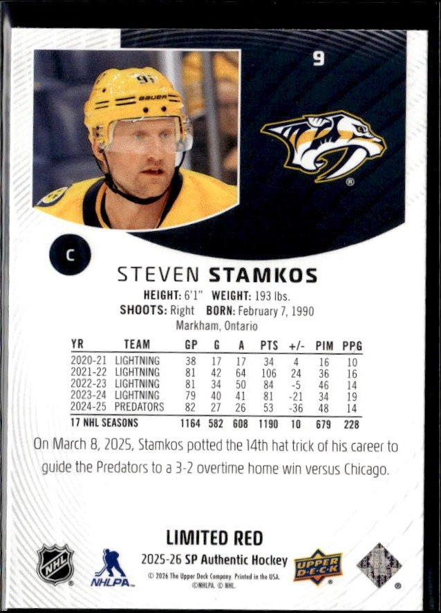 2025-26 Upper Deck SP Authentic Hockey Limited Red #9 Steven Stamkos (2)