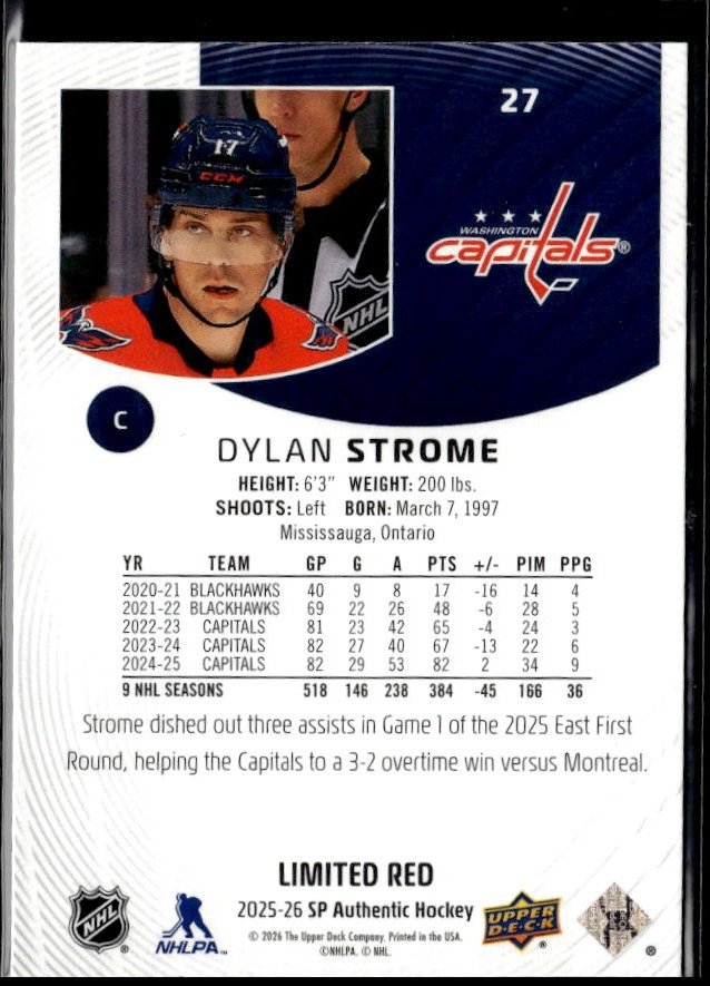 2025-26 Upper Deck SP Authentic Hockey Limited Red #27 Dylan Strome (2)