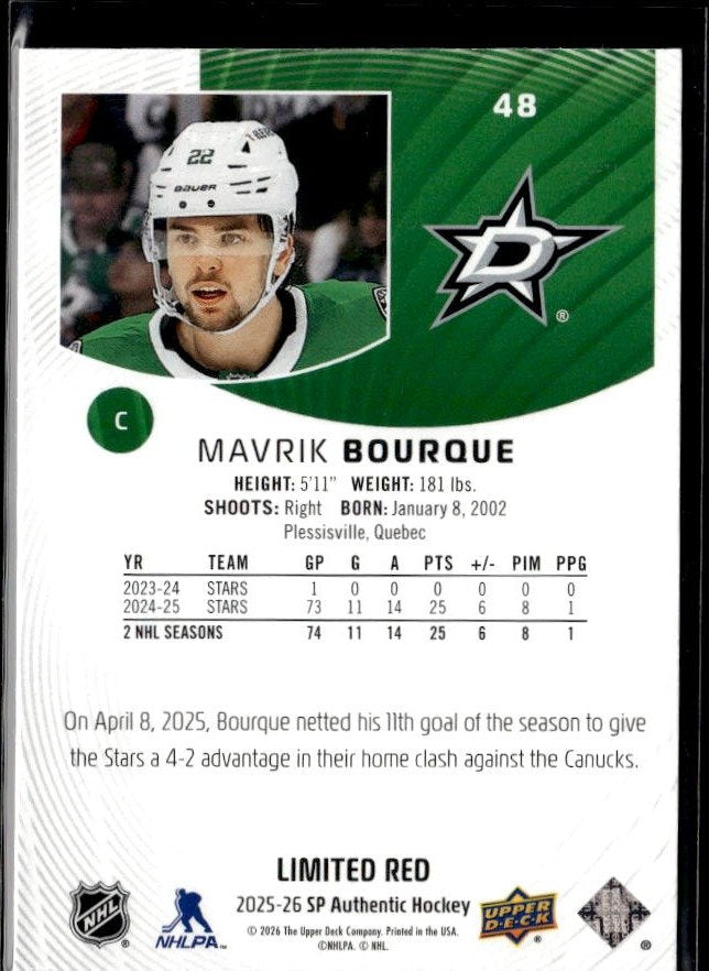2025-26 UD SP Authentic Hockey Limited Red #48 Mavrik Bourque (2)