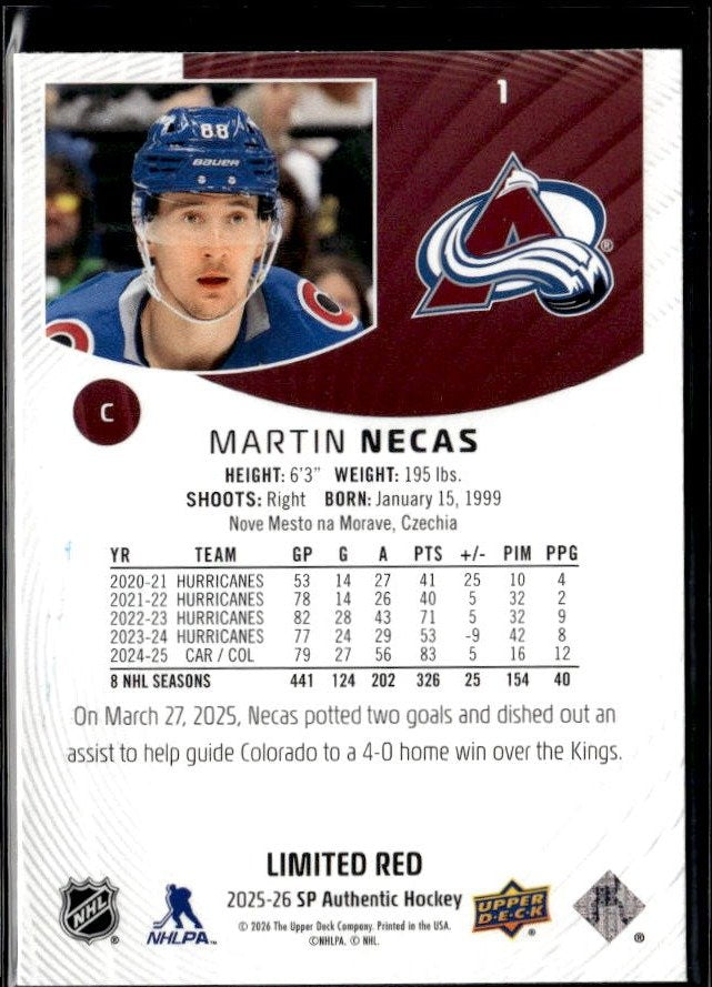 2025-26 Upper Deck SP Authentic Hockey Limited Red #1 Martin Necas (2)