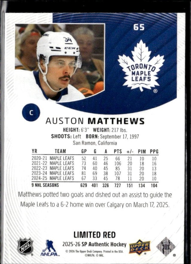 2025-26 Upper Deck SP Authentic Hockey Limited Red #65 Auston Matthews (2)