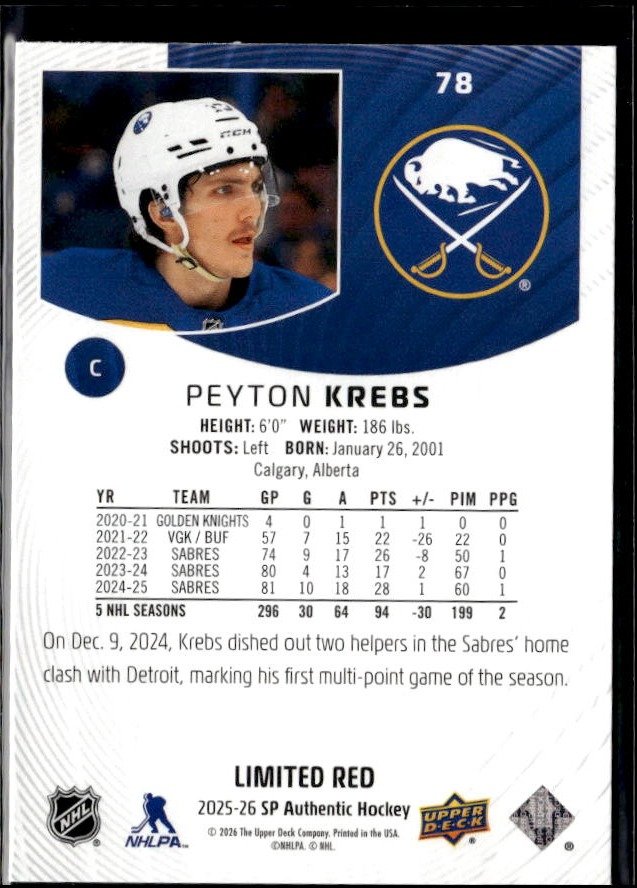 2025-26 Upper Deck SP Authentic Hockey Limited Red #78 Peyton Krebs (2)
