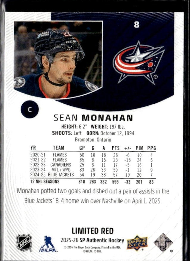 2025-26 Upper Deck SP Authentic Hockey Limited Red #8 Sean Monahan (2)