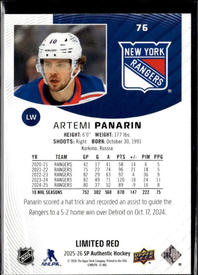2025-26 Upper Deck SP Authentic Hockey Limited Red #76 Artemi Panarin (2)