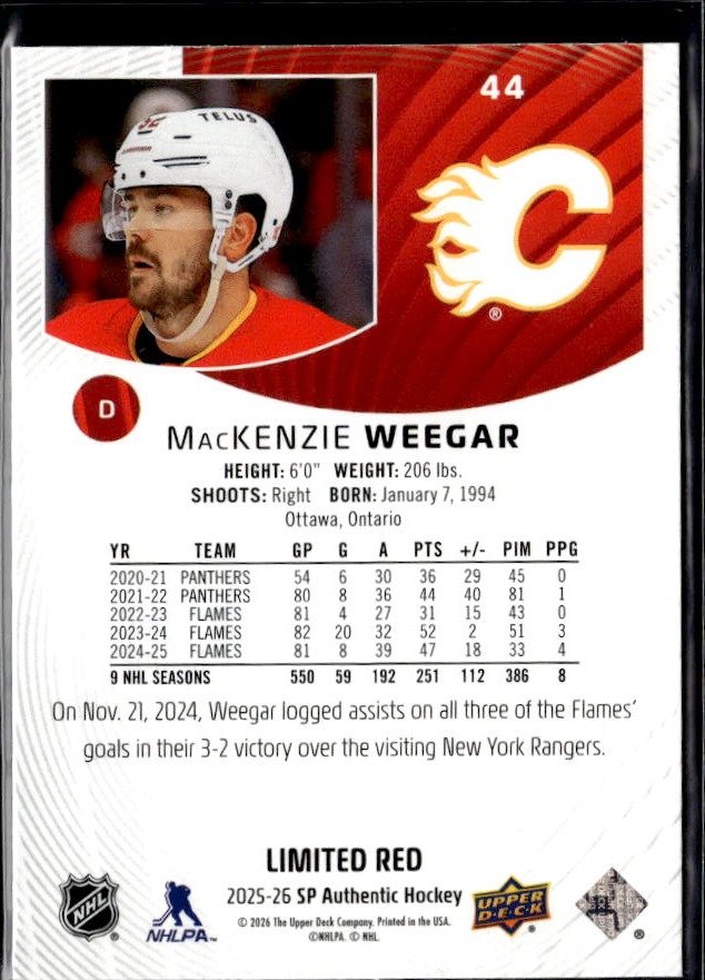 2025-26 Upper Deck SP Authentic Hockey Limited Red #44 MacKenzie Weegar (2)