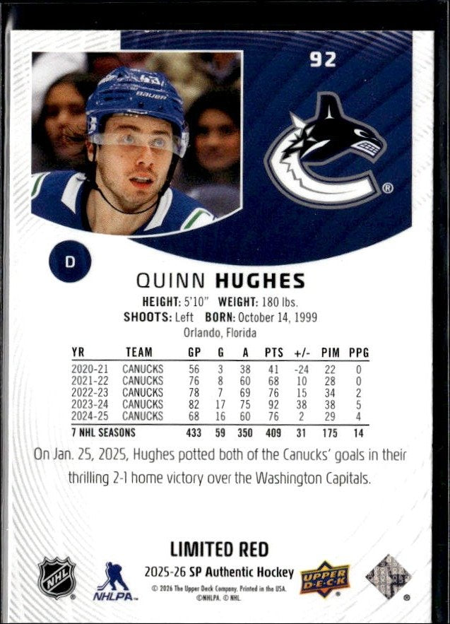 2025-26 SP Authentic Hockey Limited Red #92 Quinn Hughes (2)