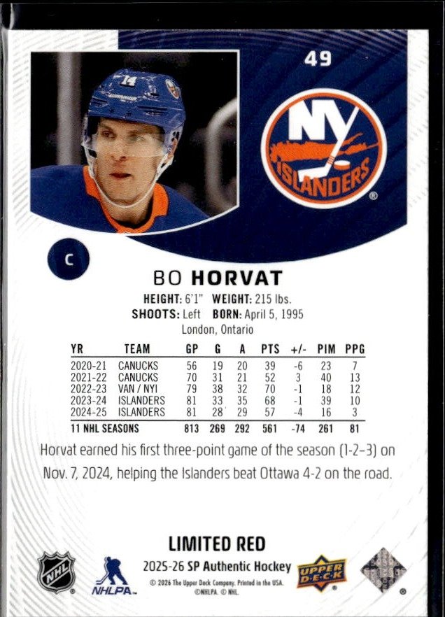 2025-26 Upper Deck SP Authentic Hockey Limited Red #49 Bo Horvat (2)