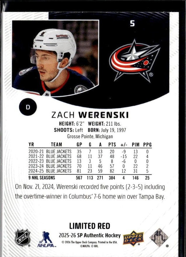 2025-26 Upper Deck SP Authentic Hockey Limited Red #5 Zach Werenski (2)