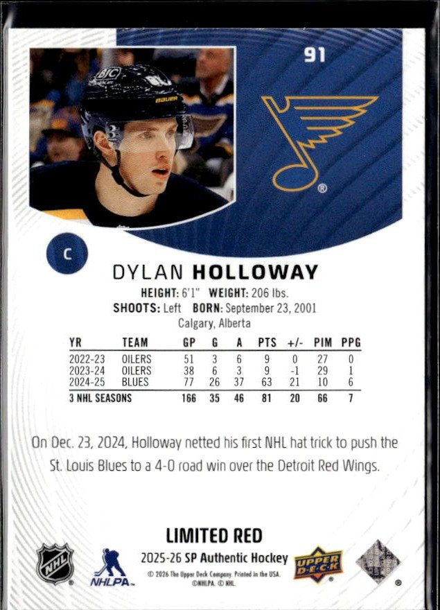 2025-26 Upper Deck SP Authentic Hockey Limited Red #91 Dylan Holloway (2)