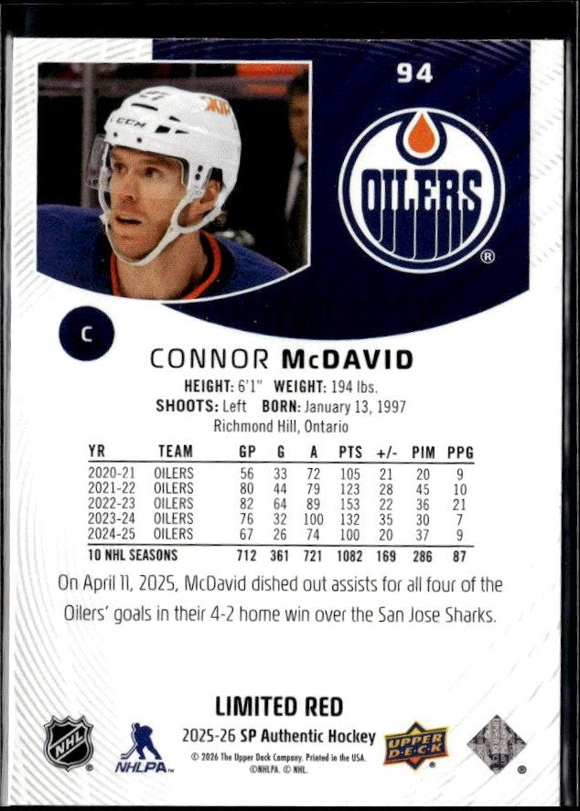 2025-26 Upper Deck SP Authentic Hockey Limited Red #94 Connor McDavid (2)