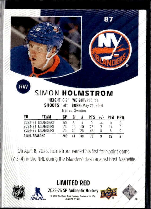 2025-26 Upper Deck SP Authentic Hockey Limited Red #87 Simon Holmstrom (2)